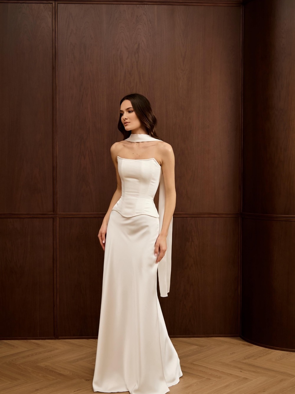 Bridal Satin Corset, Maxi Skirt, and Scarf
